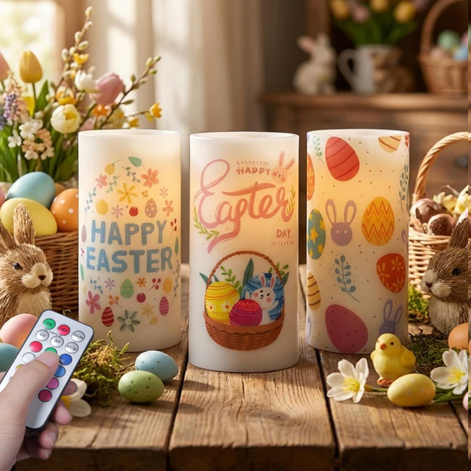 3 Pcs Easter Flameless Candles,Battery Operated Candle, Rabbit Egg Design with Timer Remote, Happy Easter Day Gift for Bedroom Living Room Decor Farmhouse