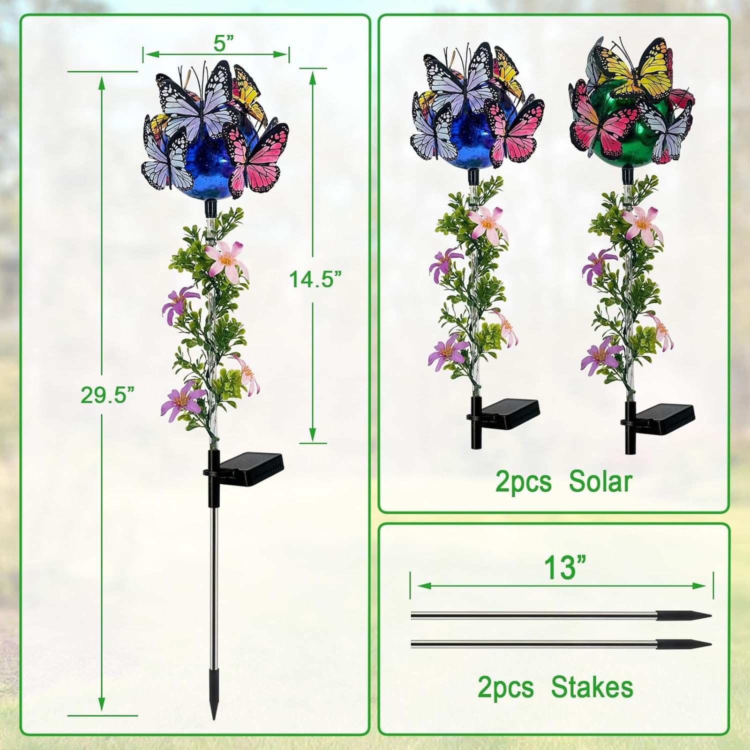 Solar Lights Outdoor Pathway,2 Pack Butterfly with Ball Garden Stakes,Colorful Twinkle Fairy Lights Decorations Outdoor for Yard,Lawn,Spring