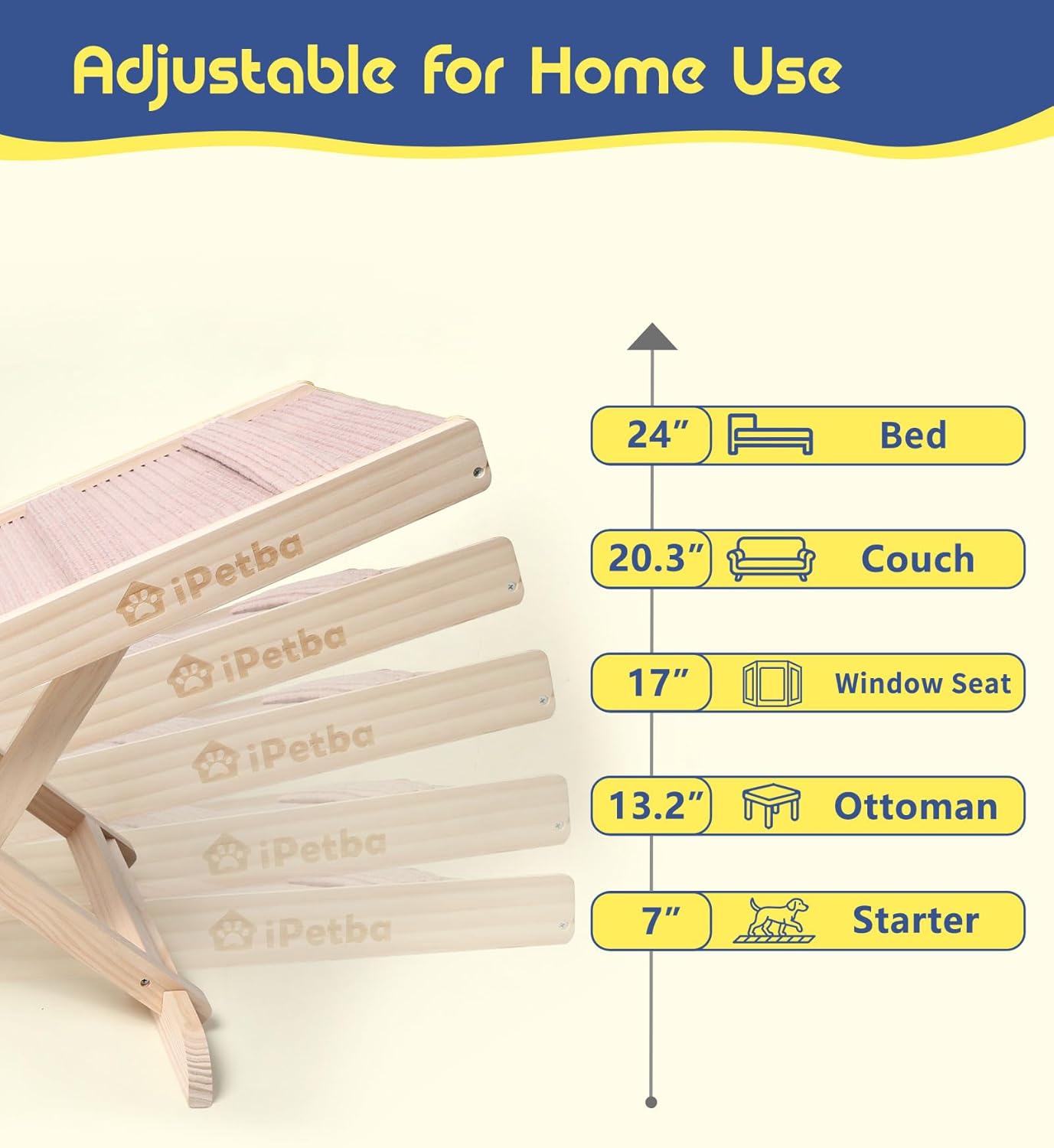 Pink Dog Ramp for Bed & Couch– Adjustable, Anti-Slip Pet Ramp for Small & Medium Breeds, Joint-Friendly Design, Supports Up to 70 lbs