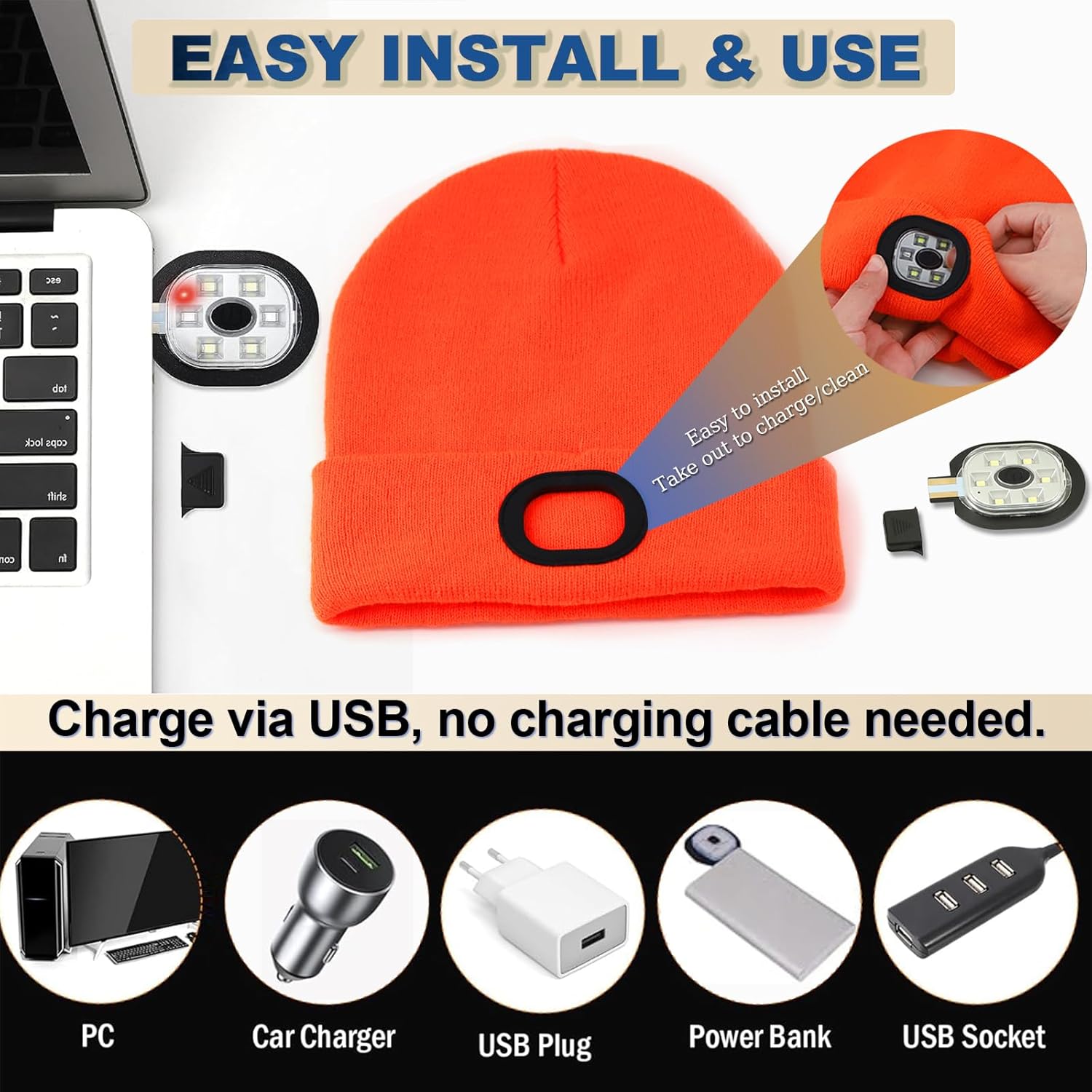 Beanie with Light, Unisex Hat with Light, 3 Modes Rechargeable Headlamp Beanie, Removable LED Flashlight Hat for Running, Camping, Hunting, Cycling, Night Activities, Gifts for Men & Women (Orange)
