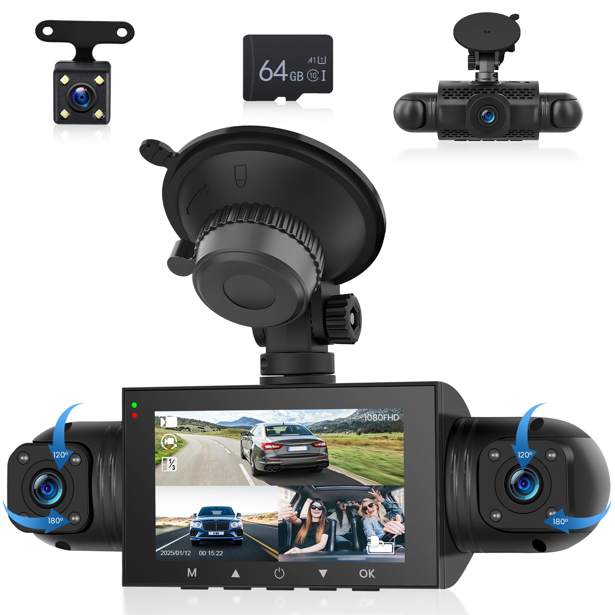 4 Canali Dashcam Auto 360°, 4 Telecamera HD 1080P Anteriore e Posteriore Sinistra Destra, 3 Pollici 1080P Dash Cam con 64 GB Carta 8 IR Visione Notturna/Loop video/24H Parcheggio Monitor/G-Sensore
