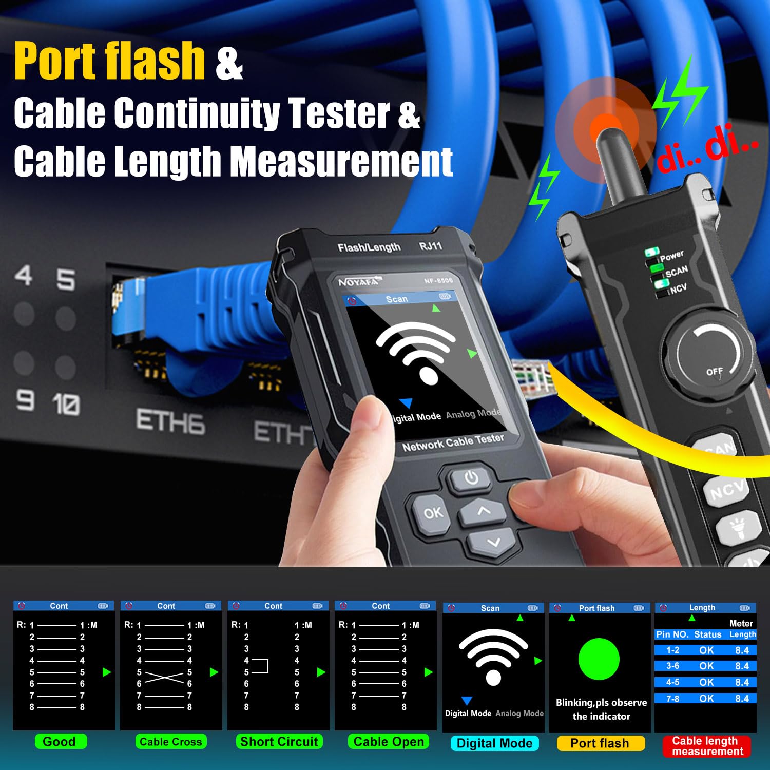 NF-8506 Netzwerkkabel-Tester mit IP-Scanner, Netzwertratentest, TDR/POE/Ping/CAT5 CAT6, Netzwerkkabel-Toner für RJ11, RJ45, LAN, Ethernet-Kabeltester, Telefonkabelfinder, professionelles