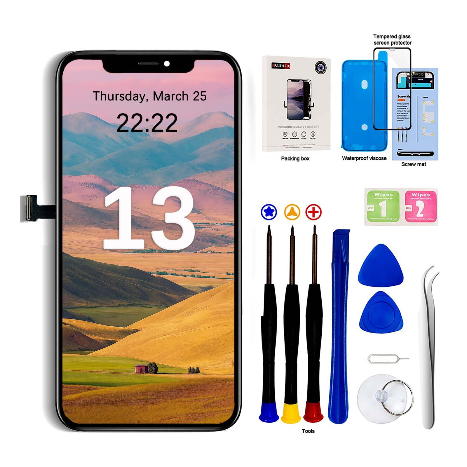 EFAITHFIX Schermo LCD di ricambio per iPhone 13, schermo LCD da 6,1 pollici, display touch 3D Full HD, digitalizzatore per montaggio (A2482 A2631 A2633 A2634 A2635) con strumenti di riparazione EFAITHFIX Schermo LCD di ricambio per iPhone 13, schermo LCD da 6,1 pollici, display touch 3D Full HD, digitalizzatore per montaggio (A2482 A2631 A2633 A2634 A2635) con strumenti di riparazione