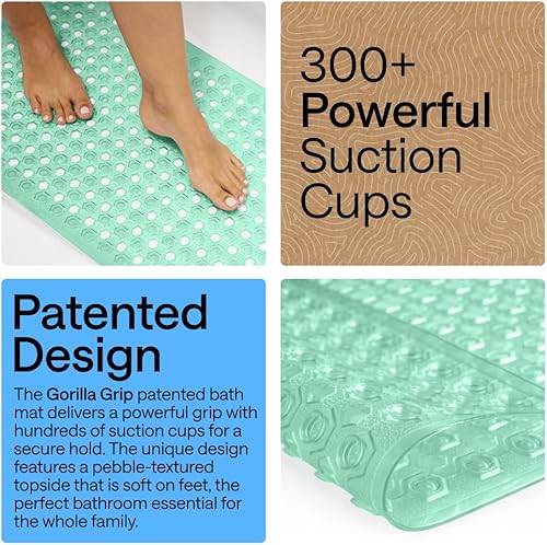 Vista 3 de GORILLA GRIP - Alfombrilla patentada para bañera y ducha, tapete lavable para el piso de la bañera, ventosas y orificios de drenaje para mantener