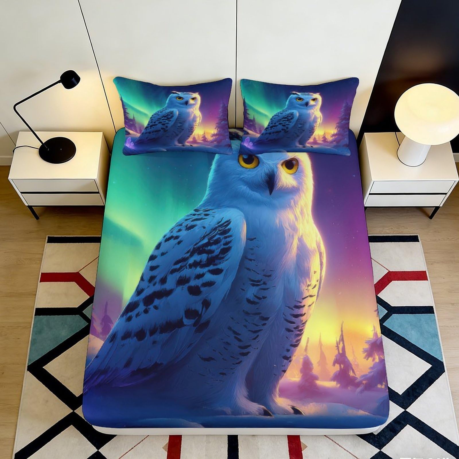Jqzkxnhpbr Style-5 3D Printed Aurora Owl Fitted Sheet Microfiber Soft Bedroom Decor Colorful Forest Mattress Cover For Home Dorm 90X200x25cm