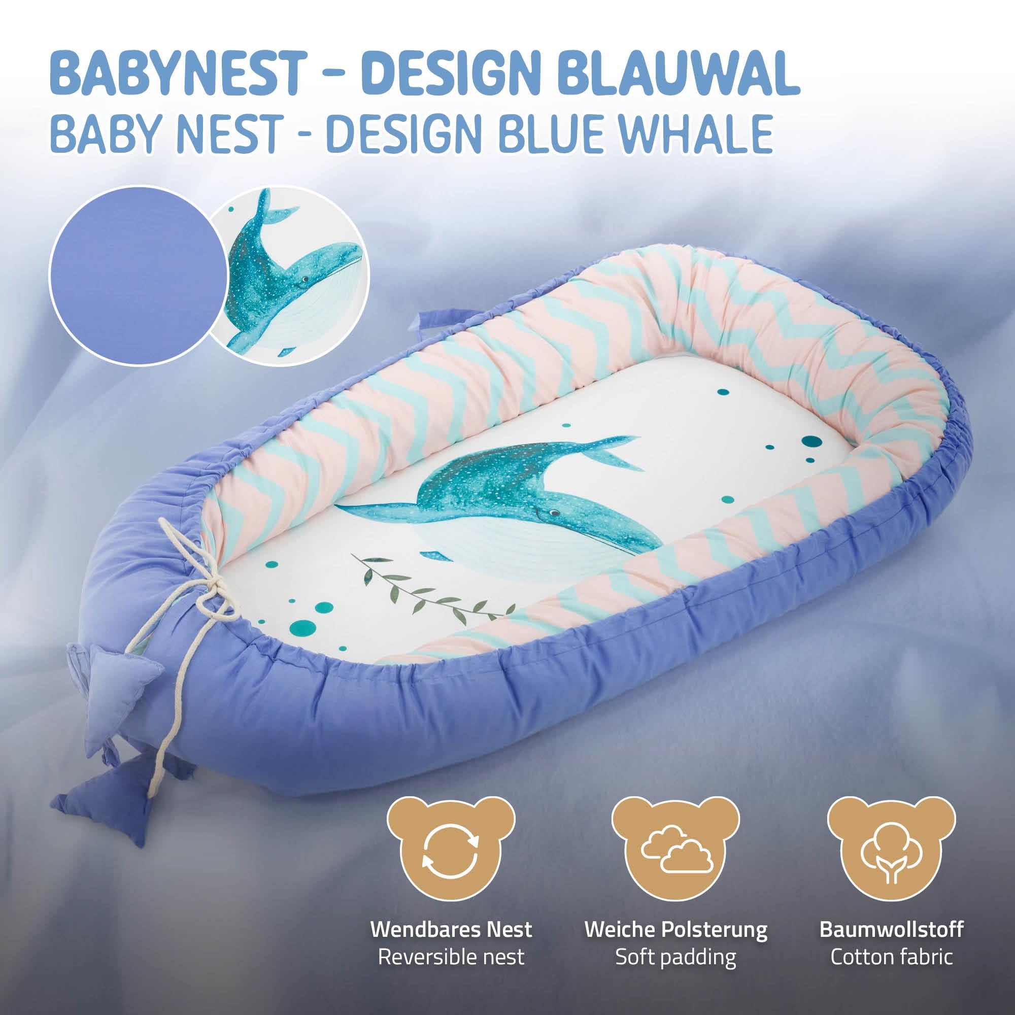 Joyz Nid de Bébé, Baleine-Minky Bleu Foncé, 90x50 cm, 100% Coton, Couverture Douillette, 2 Faces, Housse Amovible, Cocon Bébé Portable, Antiallergique, Lit de Bébé Nouveau-né, Nid Multifonction Voyage