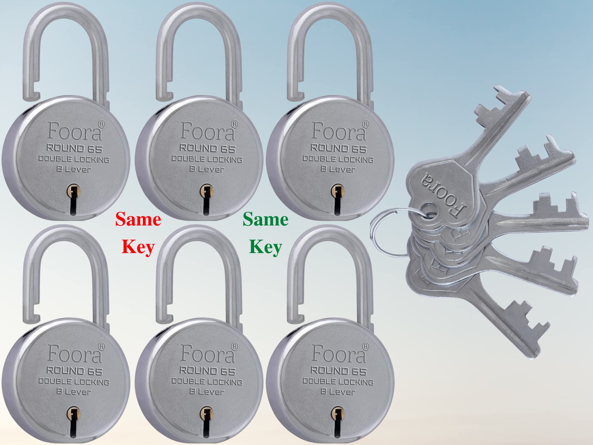 Foora Same Key Lock Set - 6 Padlocks with 5 Common Key, Multiple Lock with Single Key for Home Security