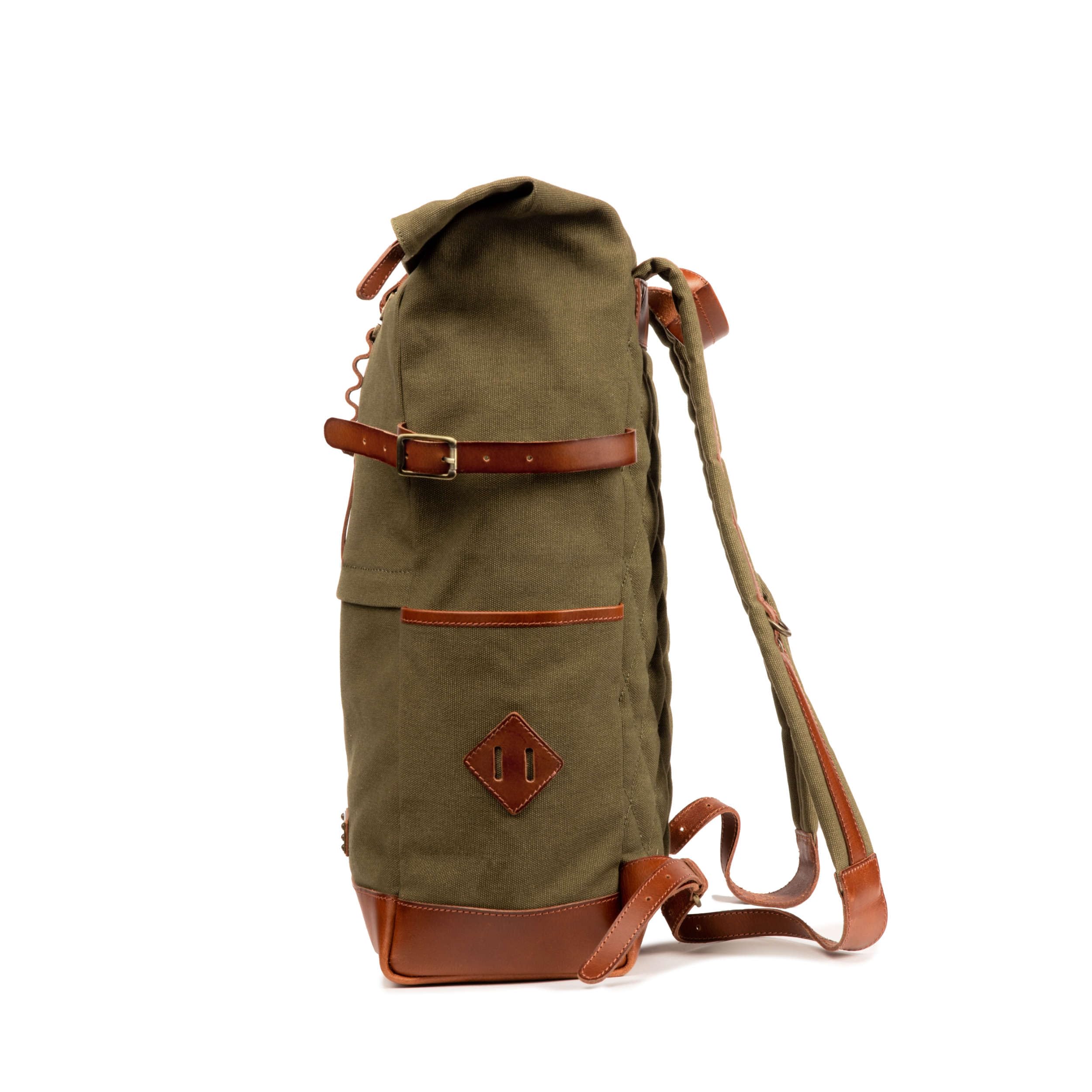 DRAKENSBERG Zaino rolltop in tela e pelle 'Wyatt' scomparto per portatile 15", vintage, per donne, uomini, 20-30L - Verde-Oliva, DR00106