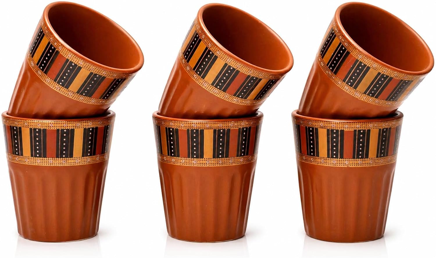 Handmade Traditional Kulhar Kulhad Chai Tea Coffee Mug Cup Cantaritos Set of 6 Glazed Earthenware Glossy Finish Clay Terracotta Artisanal Studio Pottery Mud Brown Food Safe Natural Rustic Eco-Friendly