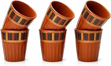 Handmade Traditional Kulhar Kulhad Chai Tea Coffee Mug Cup Cantaritos Set of 6 Glazed Earthenware Glossy Finish Clay Terracotta Artisanal Studio Pottery Mud Brown Food Safe Natural Rustic Eco-Friendly
