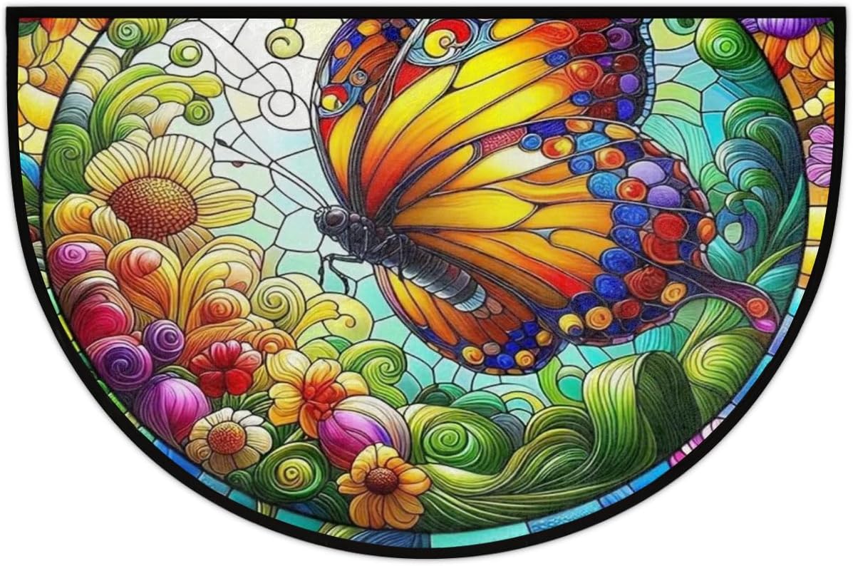 Half Round Door Mat Animal Butterfly Flower Half Moon Rug Washable Half Circle Area Rugs Indoor Entrance Non Slip Semi Circle Bathroom Rugs Floor Carpet for Kithen Bedroom Fireplace Decor