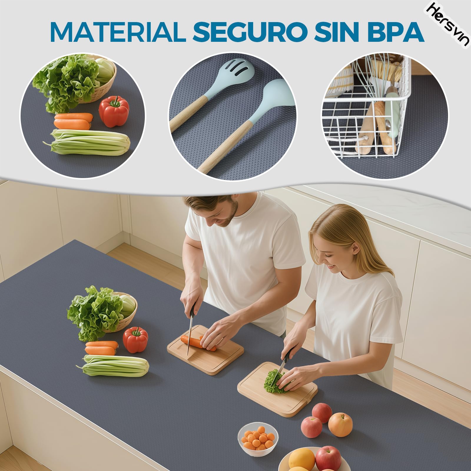 Hersvin 45cmx500cm Plastico Protector para Cocina Cajones, Alfombras Non Adhesivo para Nevera Mueble Fregadero Estante Organizador Cubiertos EVA Cubre Encimera(Gris Oscuro/Punto) — view 4