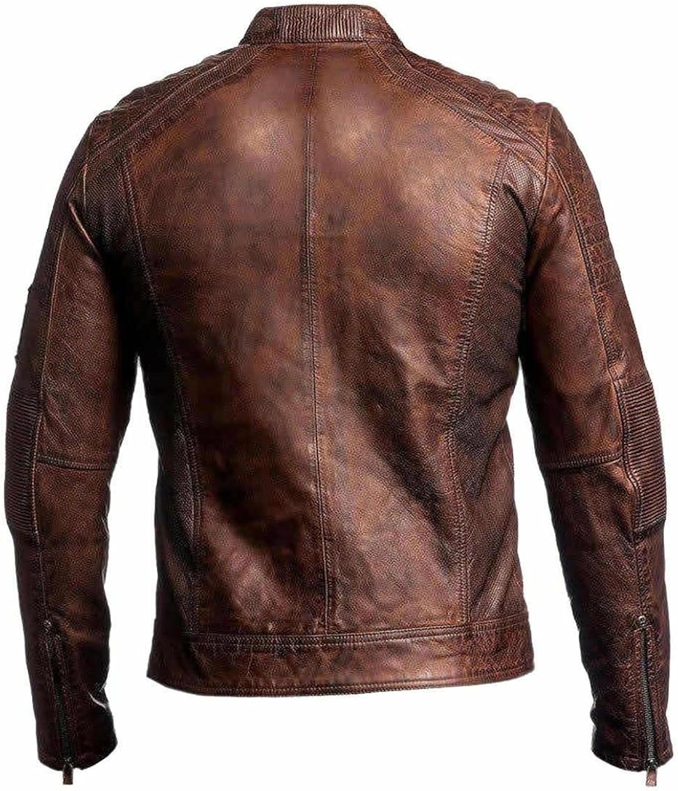 Miniatura 3 de VUE6 Vintage Motorcycle Gear Men's Quilted (Brown or Black) Retro Cafe Racer Leather Biker Jacket
