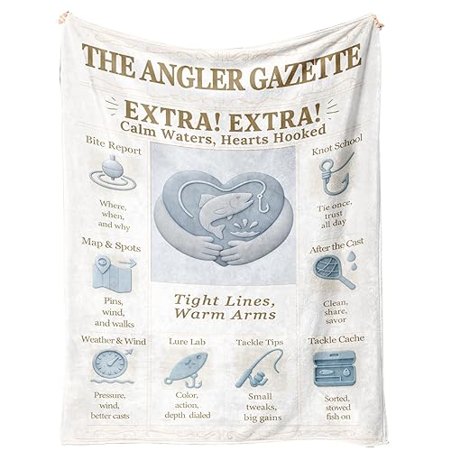 Fishing Throw Blanket 60x50 Flannel Fleece, Vintage Fishing Newspaper Style,