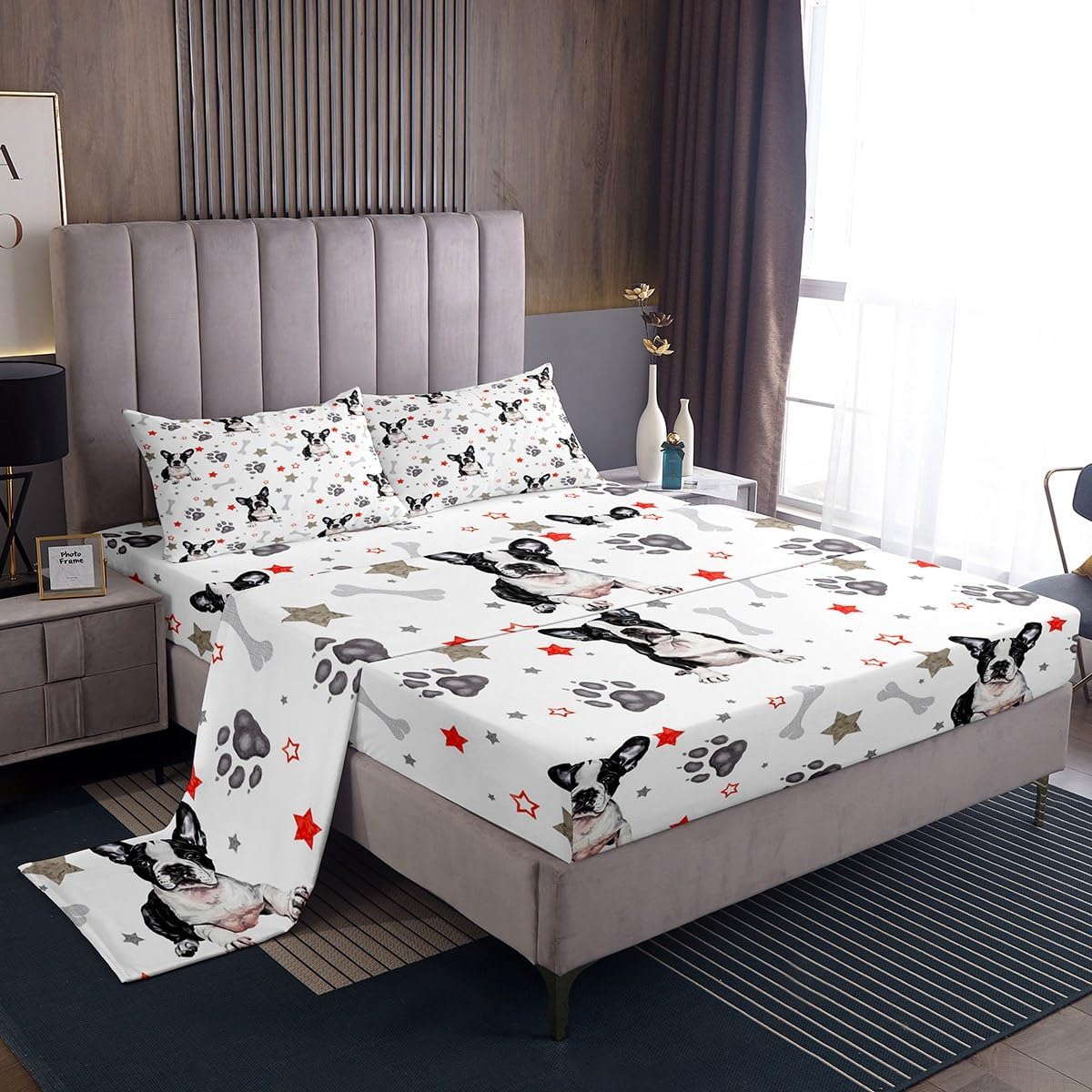 Feelyou French Bulldog Sheets Cute Dog Bed Sheets for Kids Boys Girls Toddler Dog Lovers Bedroom Decor Cartoon Puppy Dog Bedding Set Kawaii Pet Dog Animal Theme Sheet Set King Size 4Pcs Mult