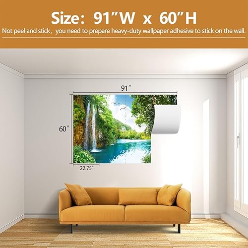 Miniatura 4 de TUNDJ - Hermoso papel tapiz de cascada de lago, paisaje natural verde, mural de pared para sala de estar y dormitorio (no despegar ni pegar)