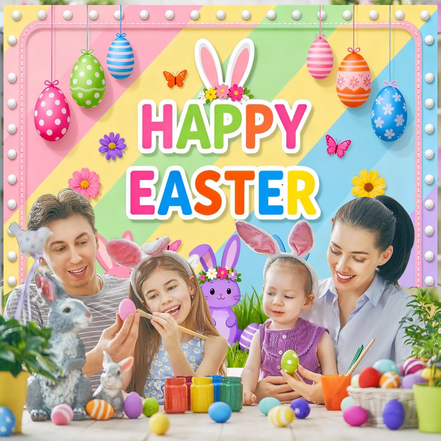 12x10ft Happy Easter Backdrop Colorful Cartoon Bunny Eggs Butterfly Flower Large Easter Photography Backdrops Banner Spring Background Baby Shower Birthday Party Decorations Kids Photo Props