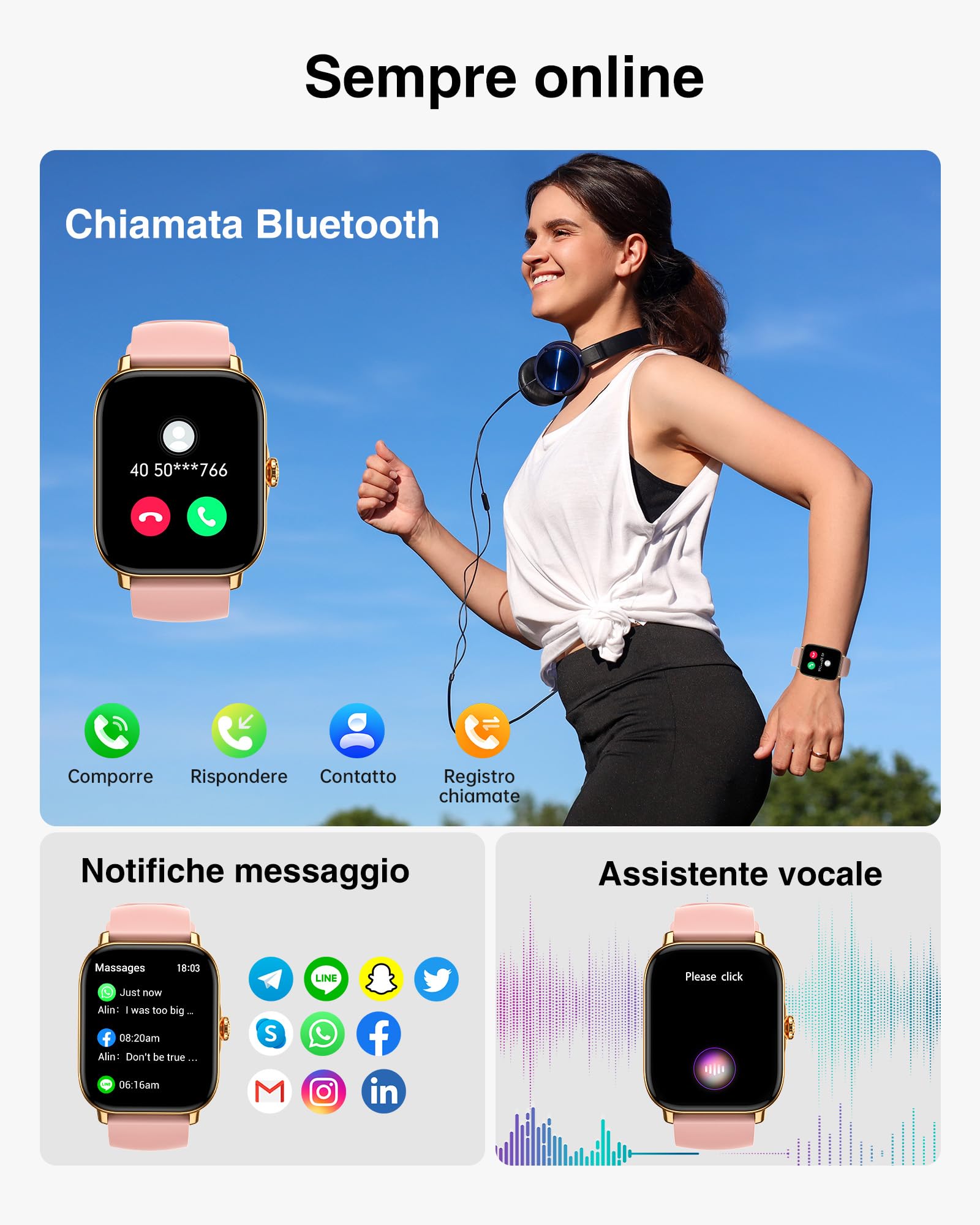 Smartwatch-Donna - 1.85" Schermo Orologio Smart Watch Effettua/Risposta Chiamate,7/24h Cardiofrequenzimetro, Contapassi, Monitoraggio Del Sonno,Fitness Tracker per iOS Android