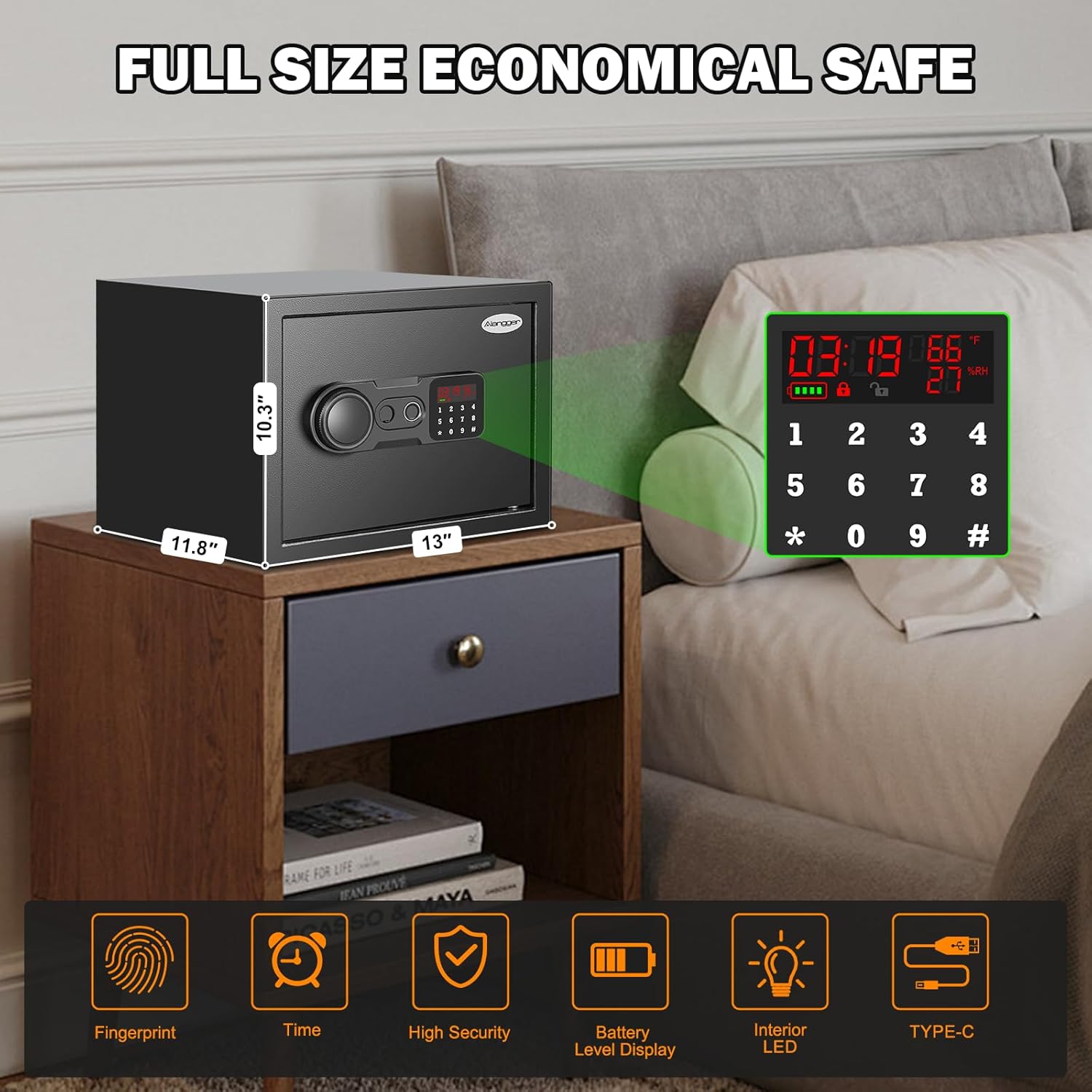 Biometric Fingerprint Safe with Quick Access & Smart LCD Monitor (Temp/Humidity/Battery). Electronic Keypad, Space-Saving Steel Security Box with Alarm, Removable Shelf & Gun Rack for Home/Office.