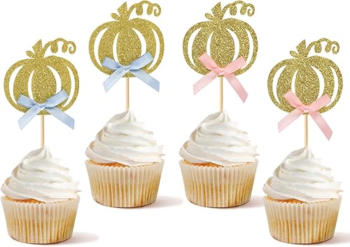 36 adornos de calabaza para cupcakes temáticos de otoño, con purpurina rosa y azul, para Halloween, Acción de Gracias, decoración de pastel de