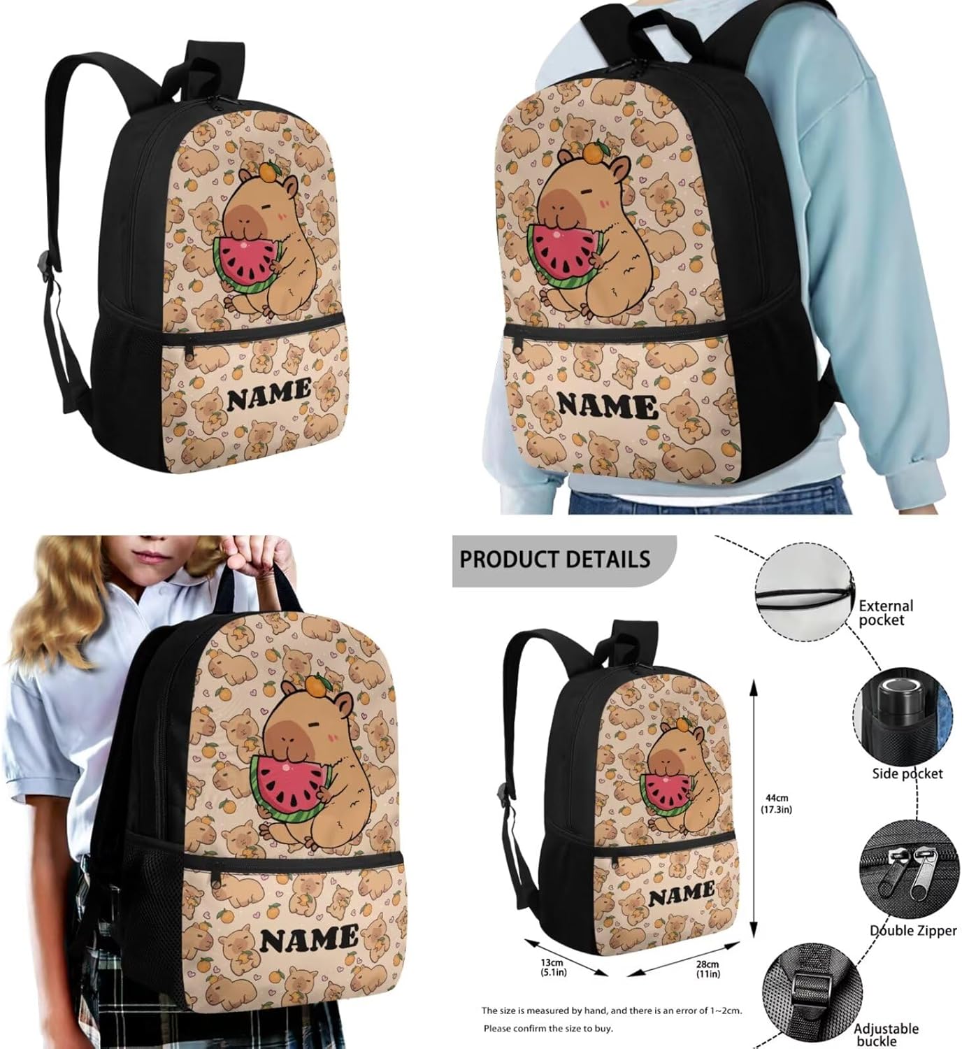 Capybara Backpack for Girls Personalized Backpack with Name Custom Bookbag for Kids Boys Customized Bookbags Elementary Backpacks Sets of 4 in 1 Schoolbags Large Capacity for Travel Hiking
