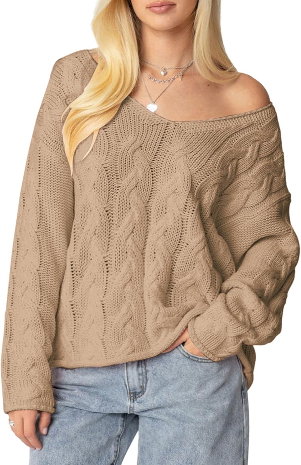 ZAFUL Womens V Neck Off The Shoulder Sweater Long Sleeve 2025 Oversized Cable Knit Casual Pullover Tops