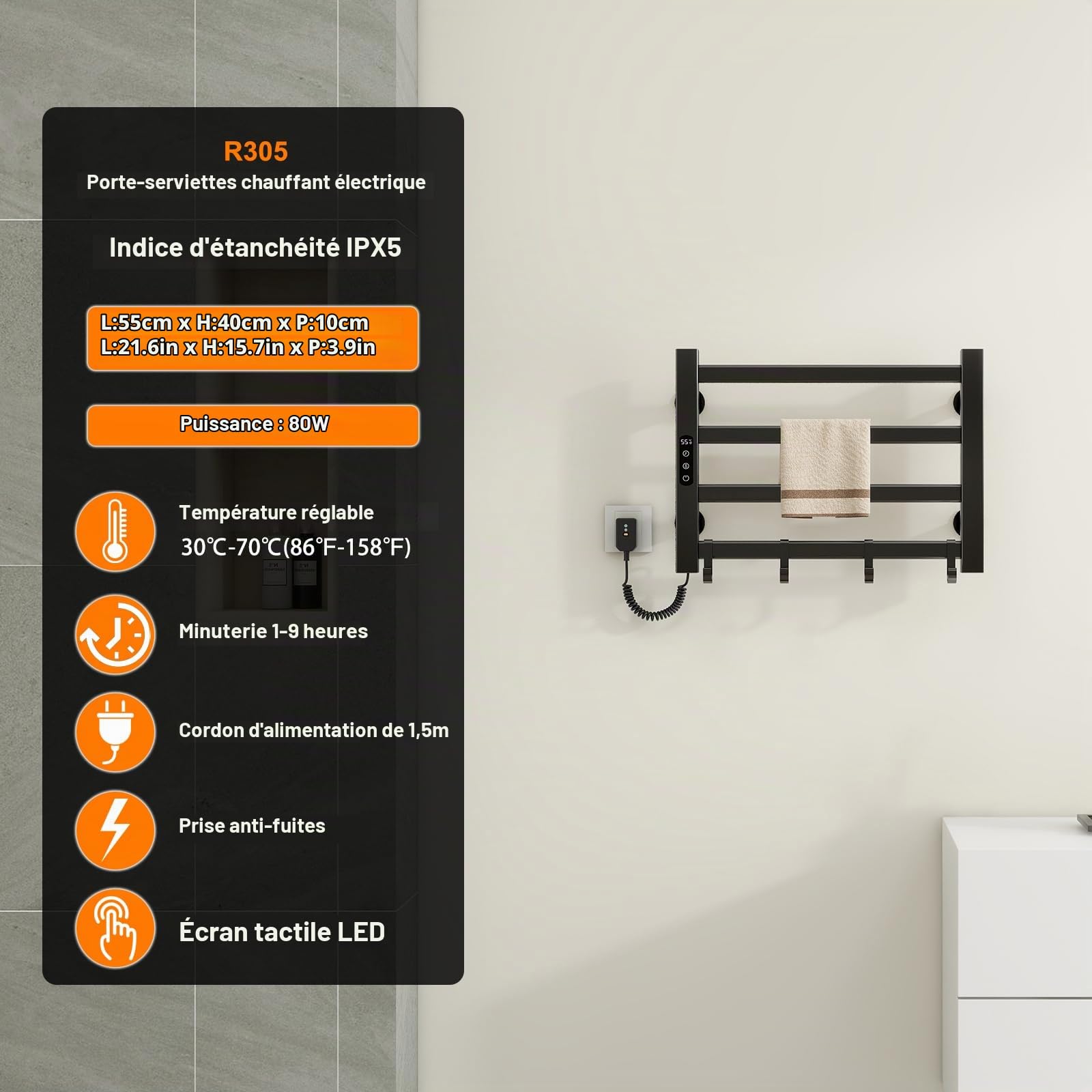 Seche Serviette Electrique 550x350mm Porte Serviettes Chauffant Porte-serviettes électrique intelligent, Étanche IP24, Réglage de la température 30℃-70℃, 1-9 heures de chronométrage-Black Left