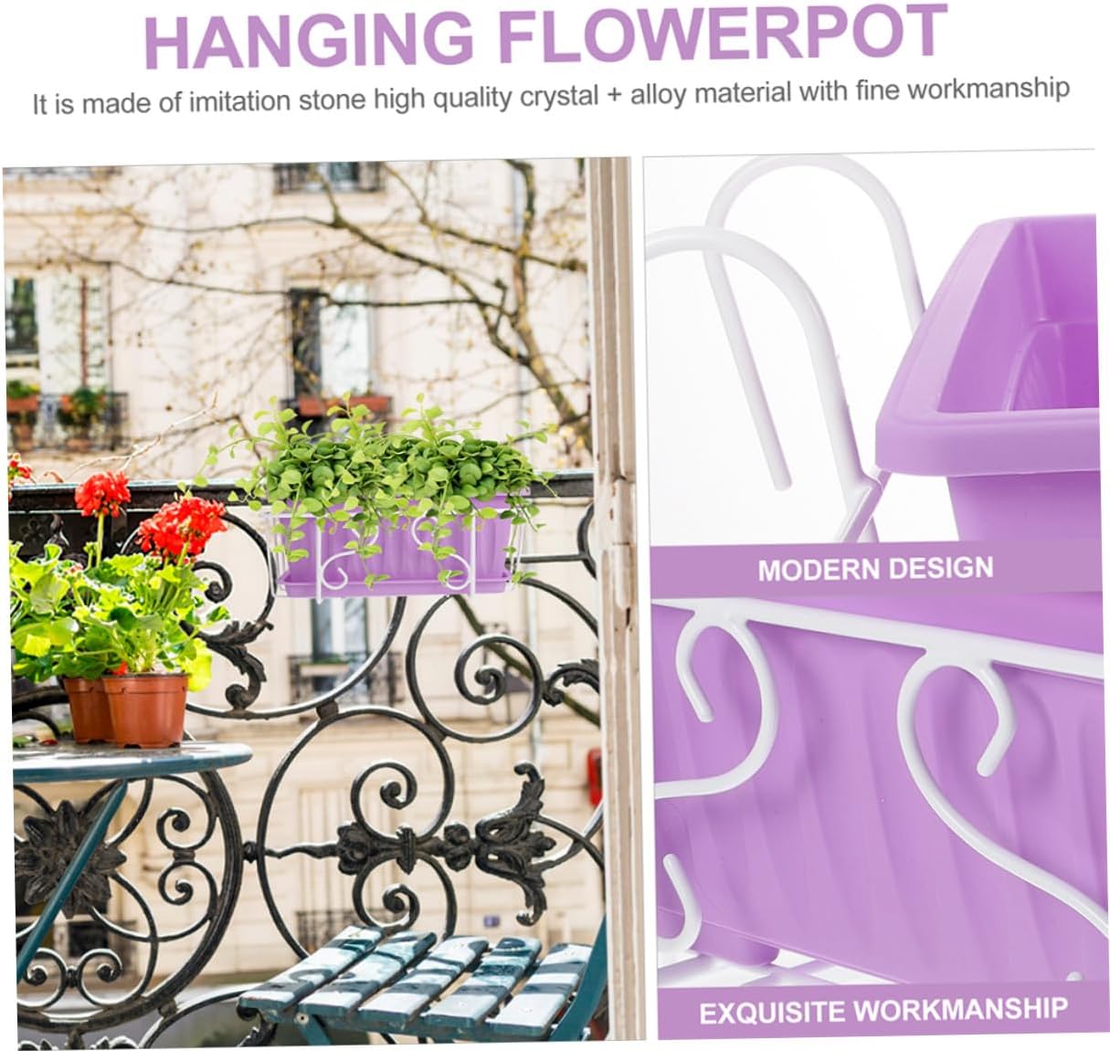 Rectangular Hanging Flower Pot with White Iron Bracket and Tray, Medium Vegetable Growing Planter Box for Outdoor Balcony Garden, Purple Plant Container for Vegetable and Flower