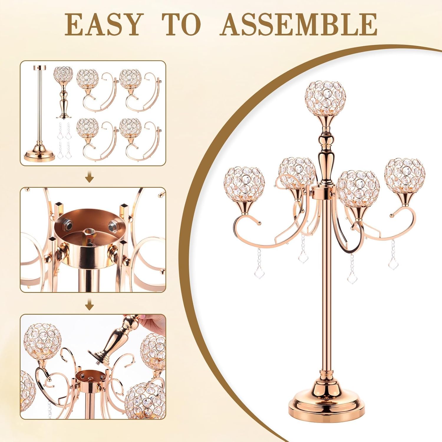 2 Packs 5 Arms Crystal Candelabra for Wedding Centerpiece, 33.8 Inch Tall Gold Floor Candle Holder Set with Chandelier Crystal Beaded, Anniversary Dinner Party Table Decoration Elegantes