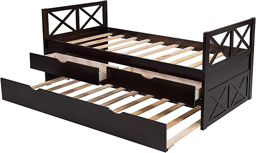 Miniatura 7 de Eafurn Sofá cama individual con nido y cajones de almacenamiento, marco de cama capitanes con cama extraíble, cama nido de tamaño individual con