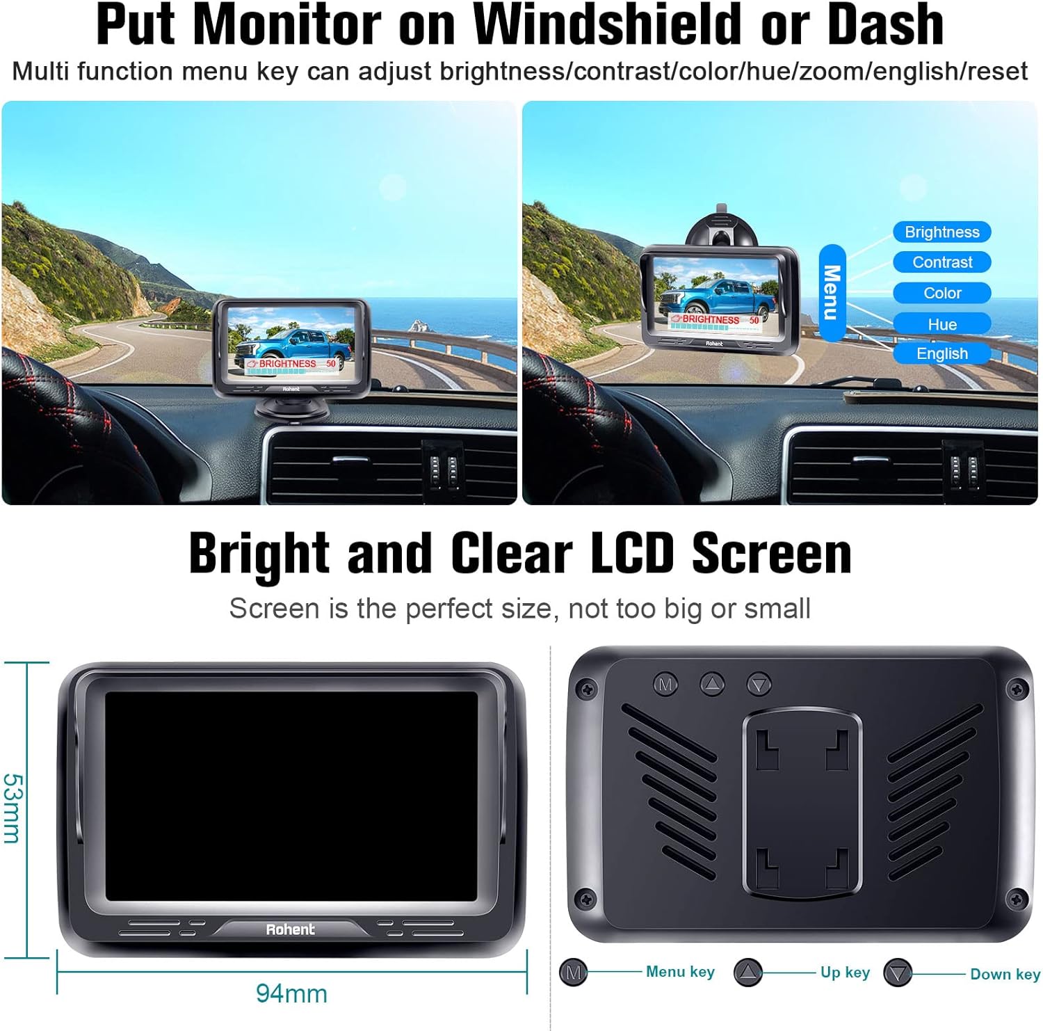 Rohent Backup Camera Monitor HD 1080P Night Vision Waterproof Car Truck License Plate Back Up Rear View Reverse Cam Kit 2 Video Channels DIY Gridlines R1 : Electronics
