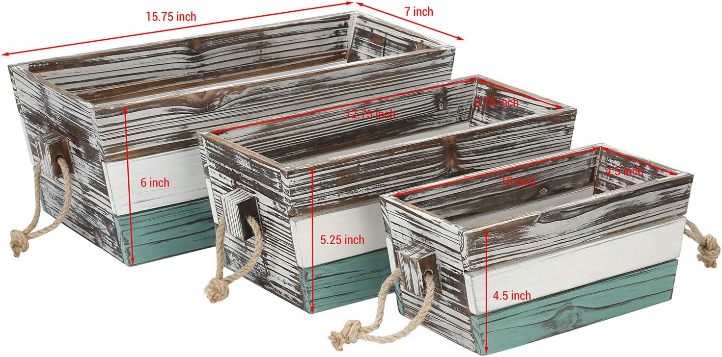 MyGift Rustic Torched Wood Storage Crate, Decorative Box Nesting Container with Multicolored Painted Stripes and Rope Handles, 3 Piece Set