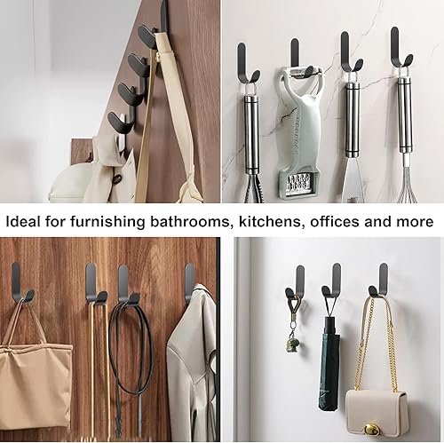 Miniatura 5 de Ganchos adhesivos para toallas, 20 ganchos de pared autoadhesivos de acero inoxidable, gancho de ducha negro resistente, impermeable, a prueba de