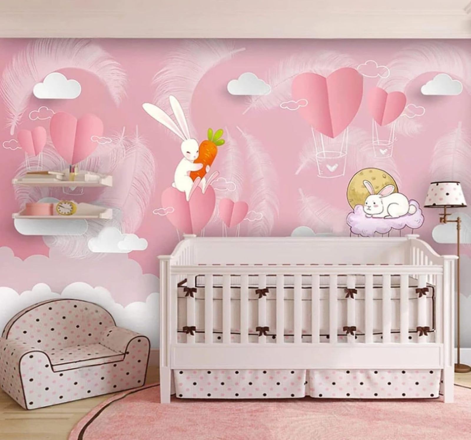 Xlming 400Cm×280Cm(B×H) Three Dimensional Cute Rabbits Clouds Feathers 3D Wallpaper Luxury Silk Study Dining Feature Sofa Grey Bedroom Living Room Tv Decorative Wall-400Cm×280Cm