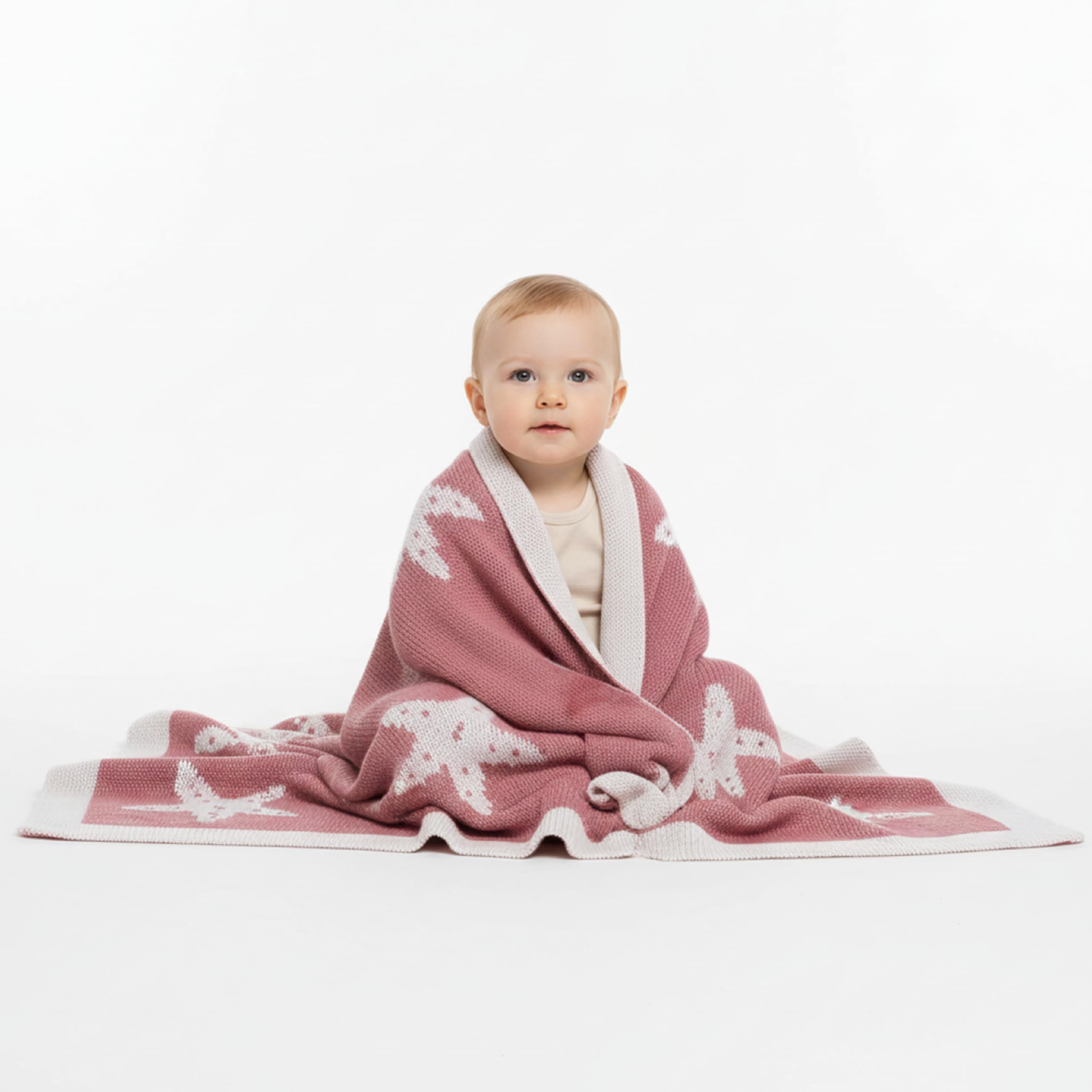 Little Dedi Seesterne Babydecke 80x100 cm – Weiche, Doppelseitige Acryl-Strickdecke mit Schleife – Oeko-TEX Zertifiziert – Antique Rose
