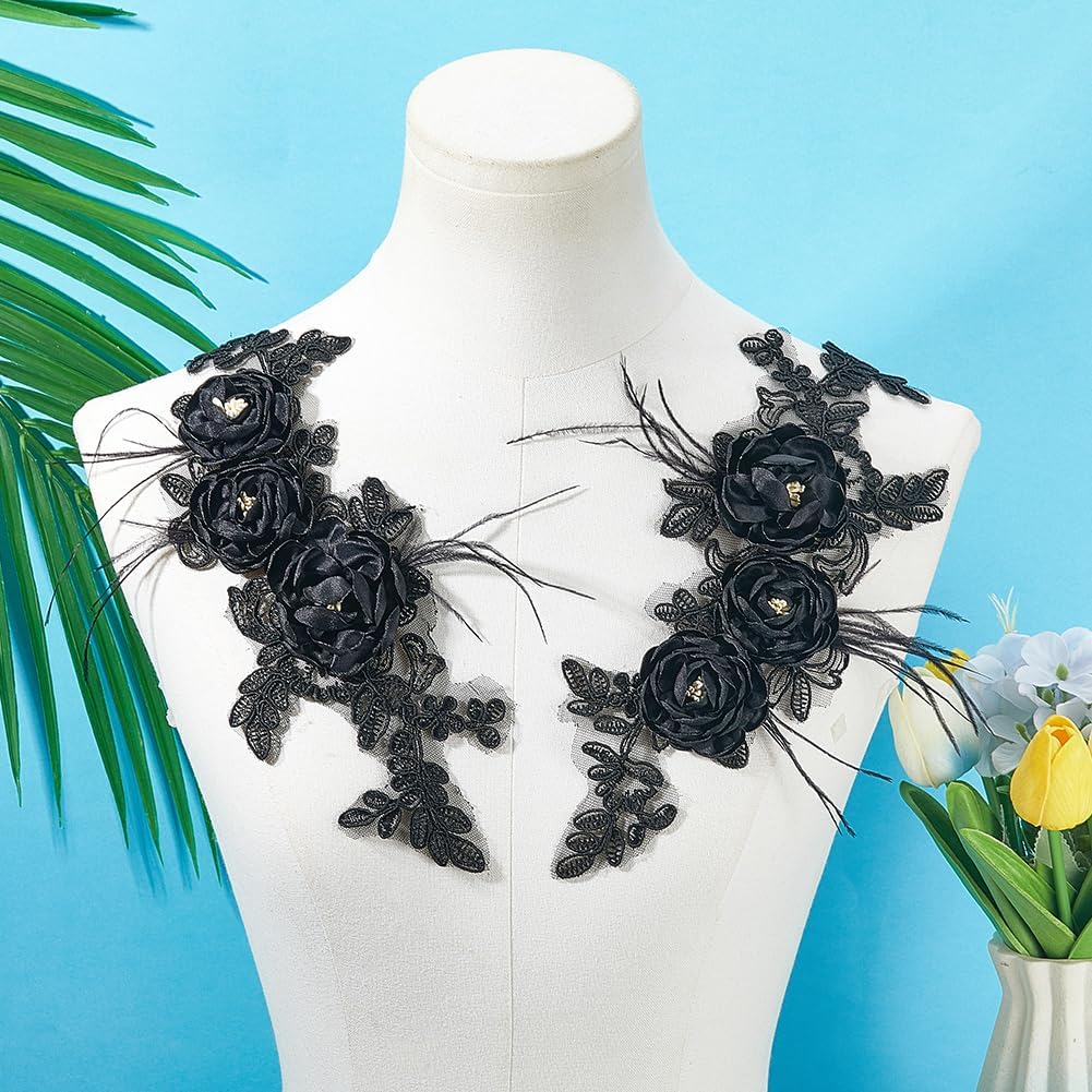 2Pcs Black Lace 3D Floral Applique with Feather Vintage Flower Embroidered Flower Appliques Sew On Polyester Cloth Patches for Sewing Making Clothes Dresses Wedding Decor Backpacks Hats DIY