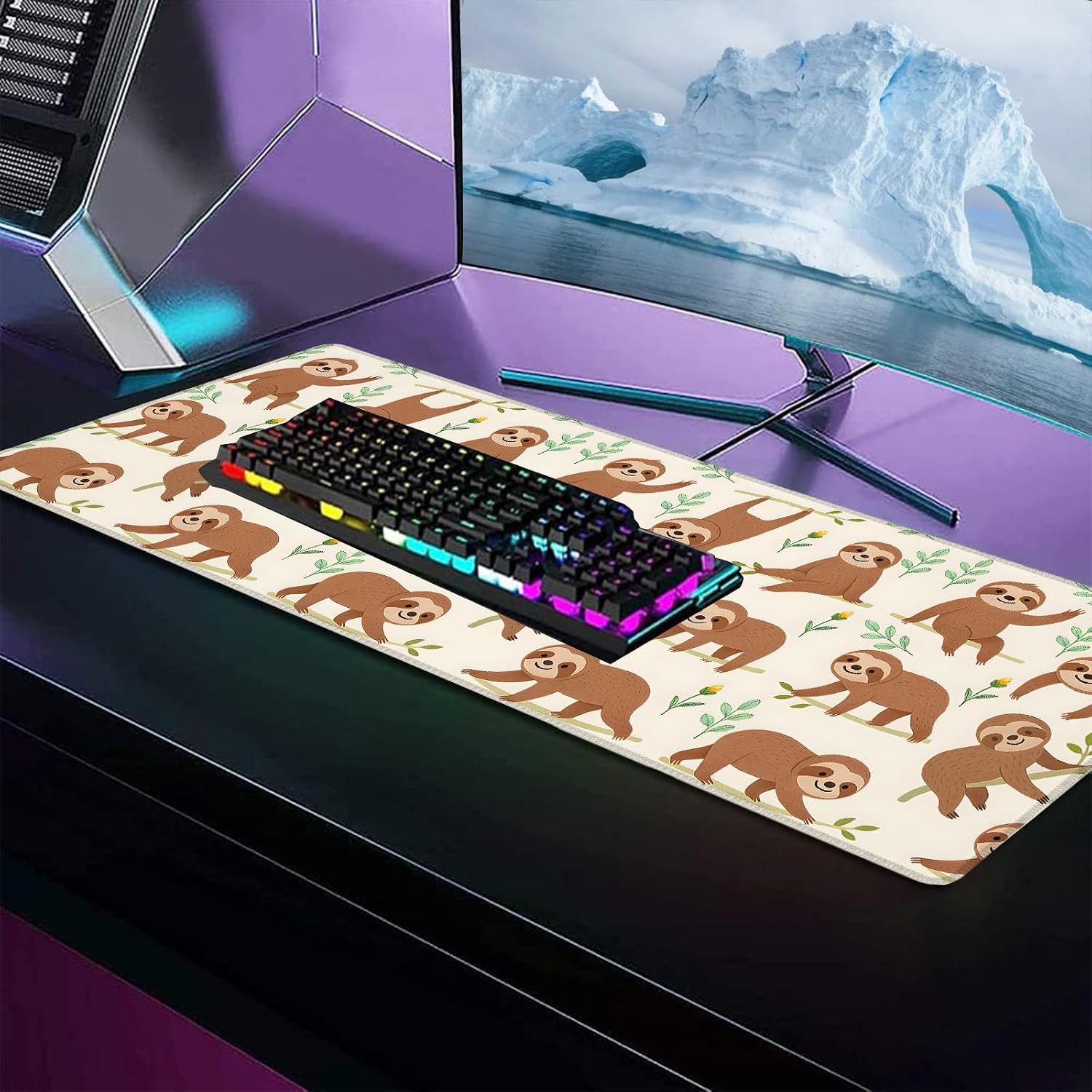 Playful Sloth Large Mouse Pad, Funny Animal Non Slip Rubber Base Mousepad, Woodland Botanical Smooth Cloth Surface Extended Desk Mat Gifts for Office Bedroom Gaming Decor, 31.5x11.8x0.12 Inch image 5