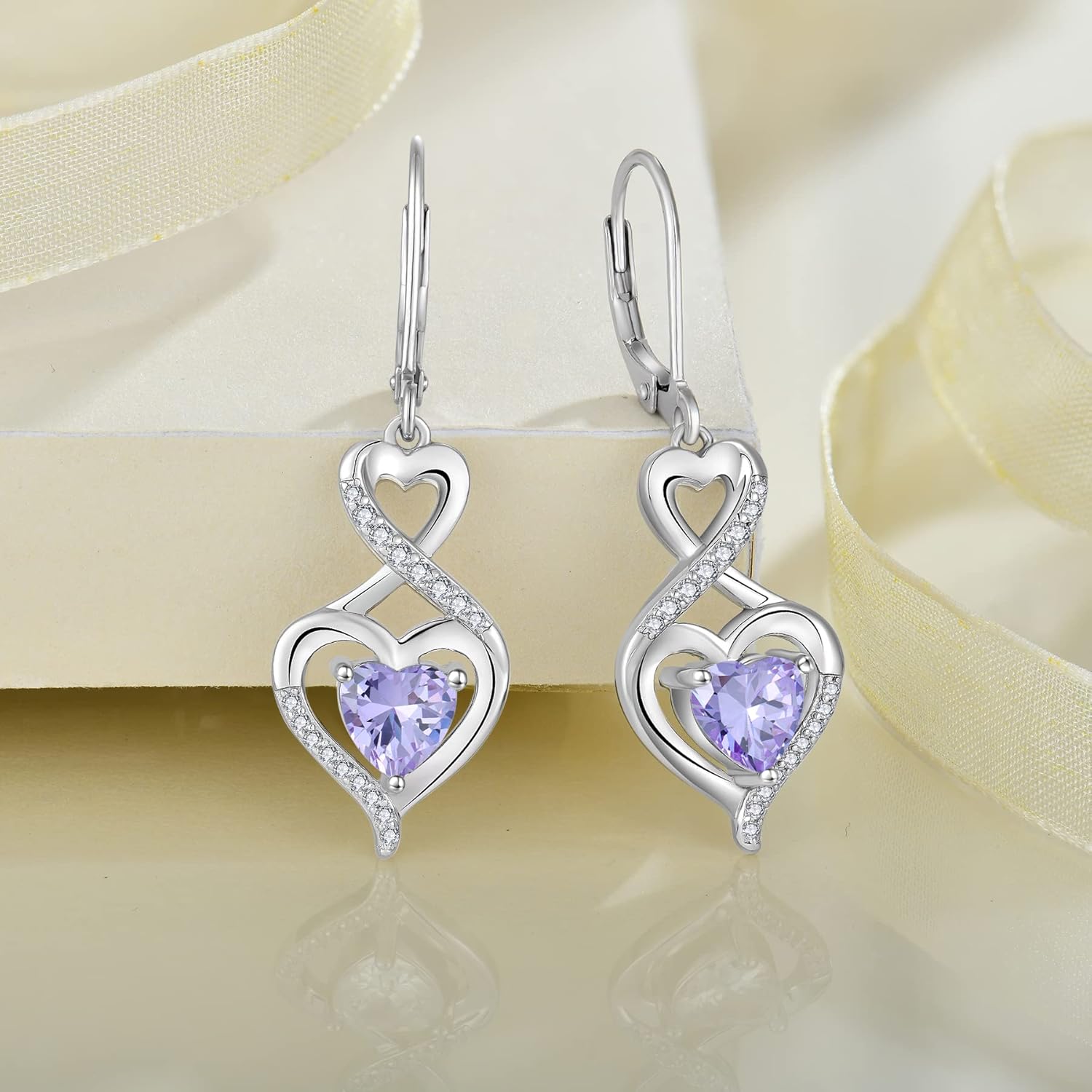 Heart Birthstone Earrings 925 Sterling Silver Infinity Dangle Drop Leverback Earrings Jewelry Gifts for Women - Image 4