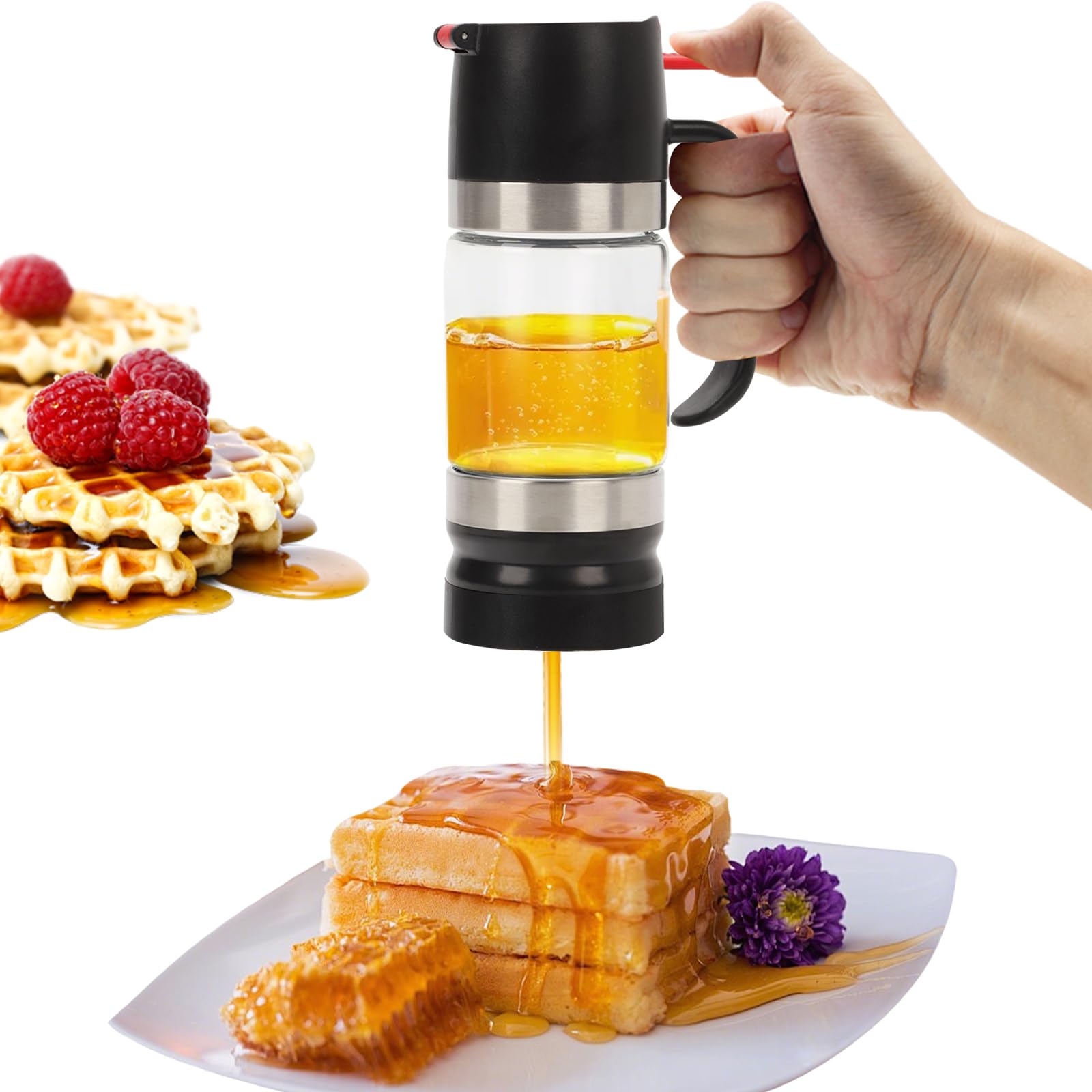 Honigspender Glas, 315 ml/ 10,65 oz Tropfsicherer Honigglas mit Griff, Tropfsicherer Honey Dispenser mit Halterung, Sirupspender Glas für Honig und Sirup, Schwarz