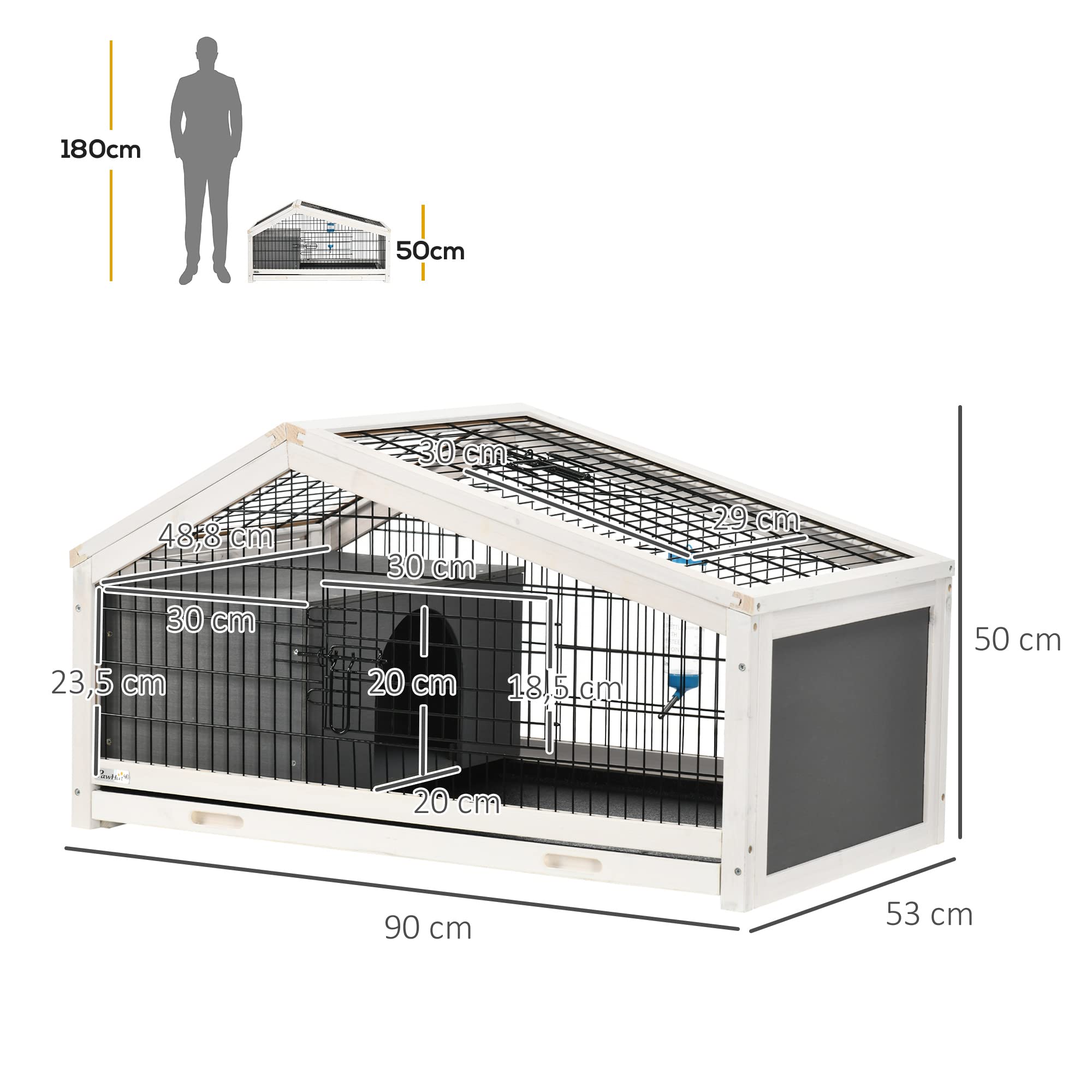 PawHut Clapier Cage à Lapin - Cage à Lapin intérieur Niche, Plateau déjection, Porte et Toit ouvrant verrouillables, Abreuvoir - Acier Noir Sapin Gris Blanc