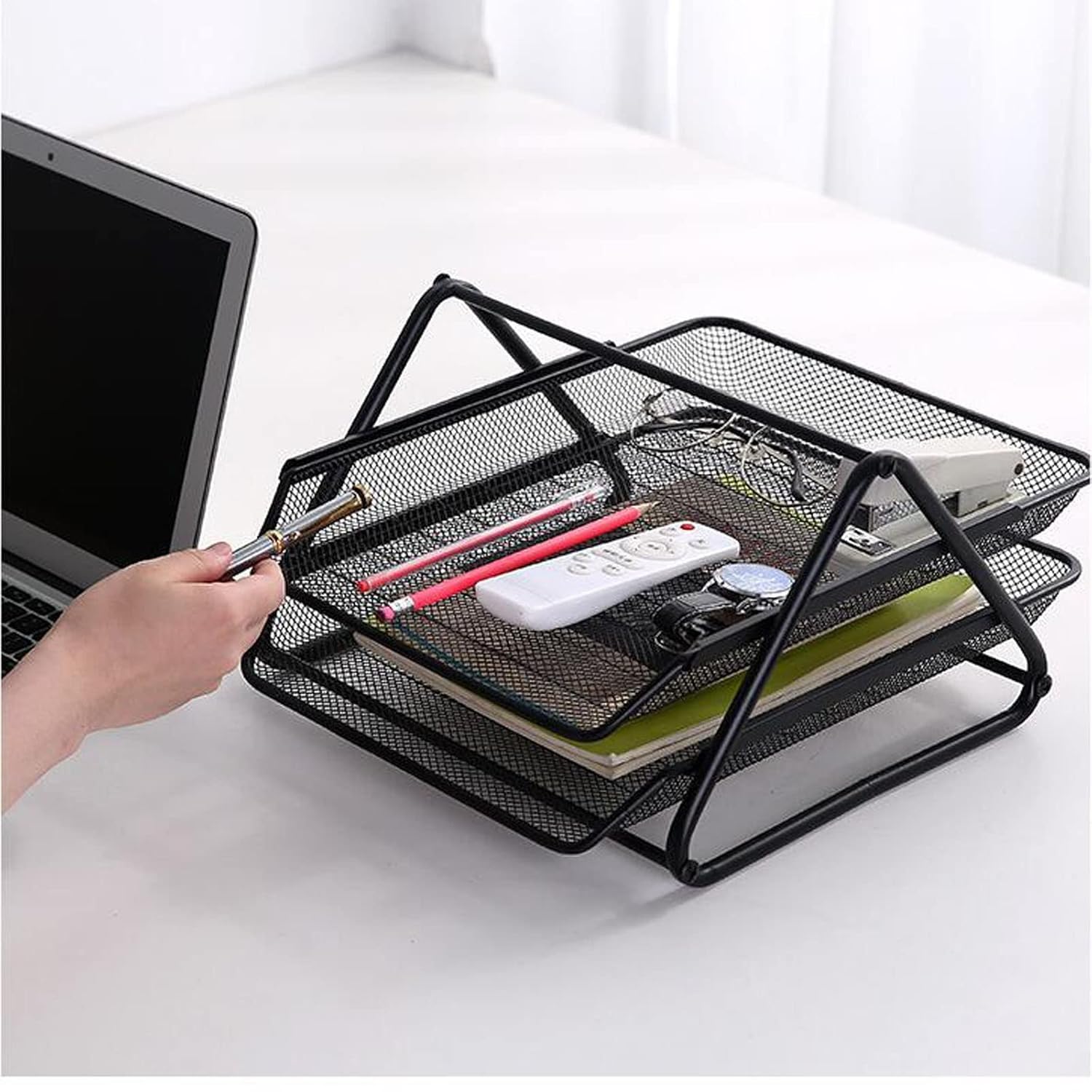 KACHKIT 2 Tier Document, 2 Desk File Tray, 2Tier Metal Mesh A4 Files documents Papers Folders Holder File, Paper, Letter, Office, Desktop Tray Organizer, (Black ; Sliding Shelf ; Set -1). (2 Tier) 4