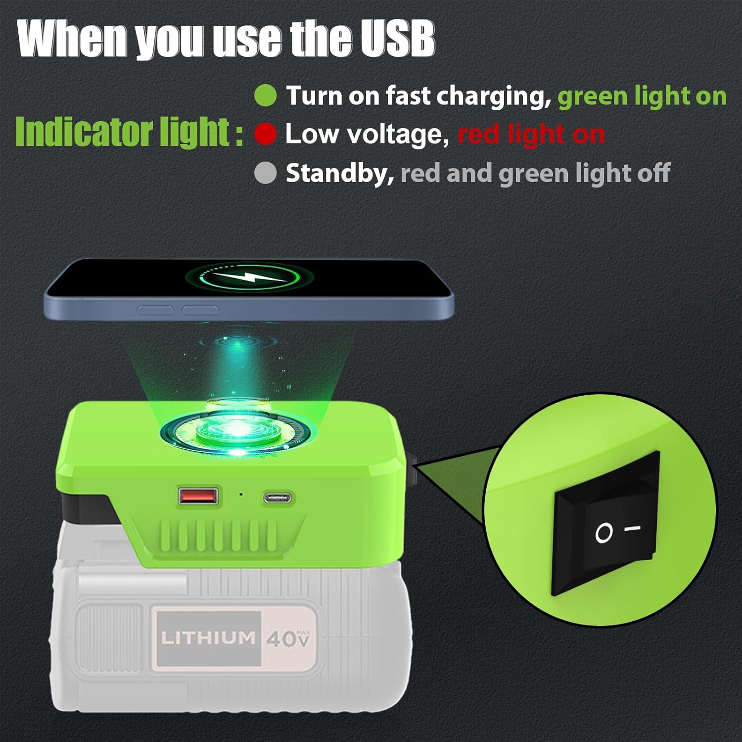 Wireless Charger for Black+Decker 36V/40V Battery,15W Max Wireless Charging Adapter with USB & Type C Ports,Tool Battery Phone Charger for Workshop Camping Outdoor