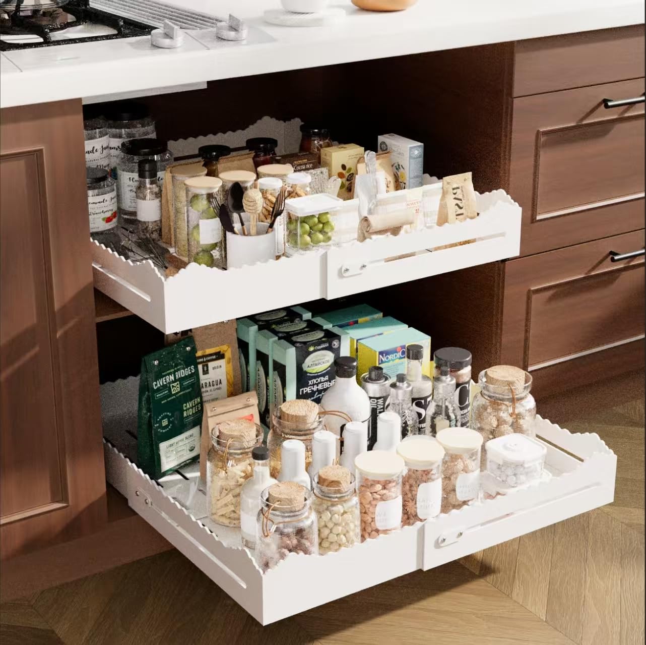 Photo 1 of **ONLY 1 PACK AND MISSING SCREWS TO INSTALL IN CABINET**2 Pack Pull Out Cabinet Organizer, Expandable Width (12"-18") and Depth (13.7"-23.6"),Pull Out Drawers for Cabinets, Slide Out Drawers for Kitchen Cabinets with Sturdy Metal Pull Out Shelves (2)