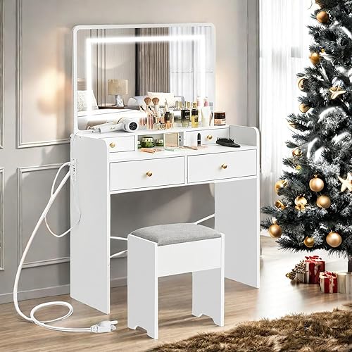 Miniatura 7 de Escritorio de tocador con espejo y luces, mesa de tocador de maquillaje con cajones, taburete de almacenamiento, espejo grande de 41 pulgadas, juego