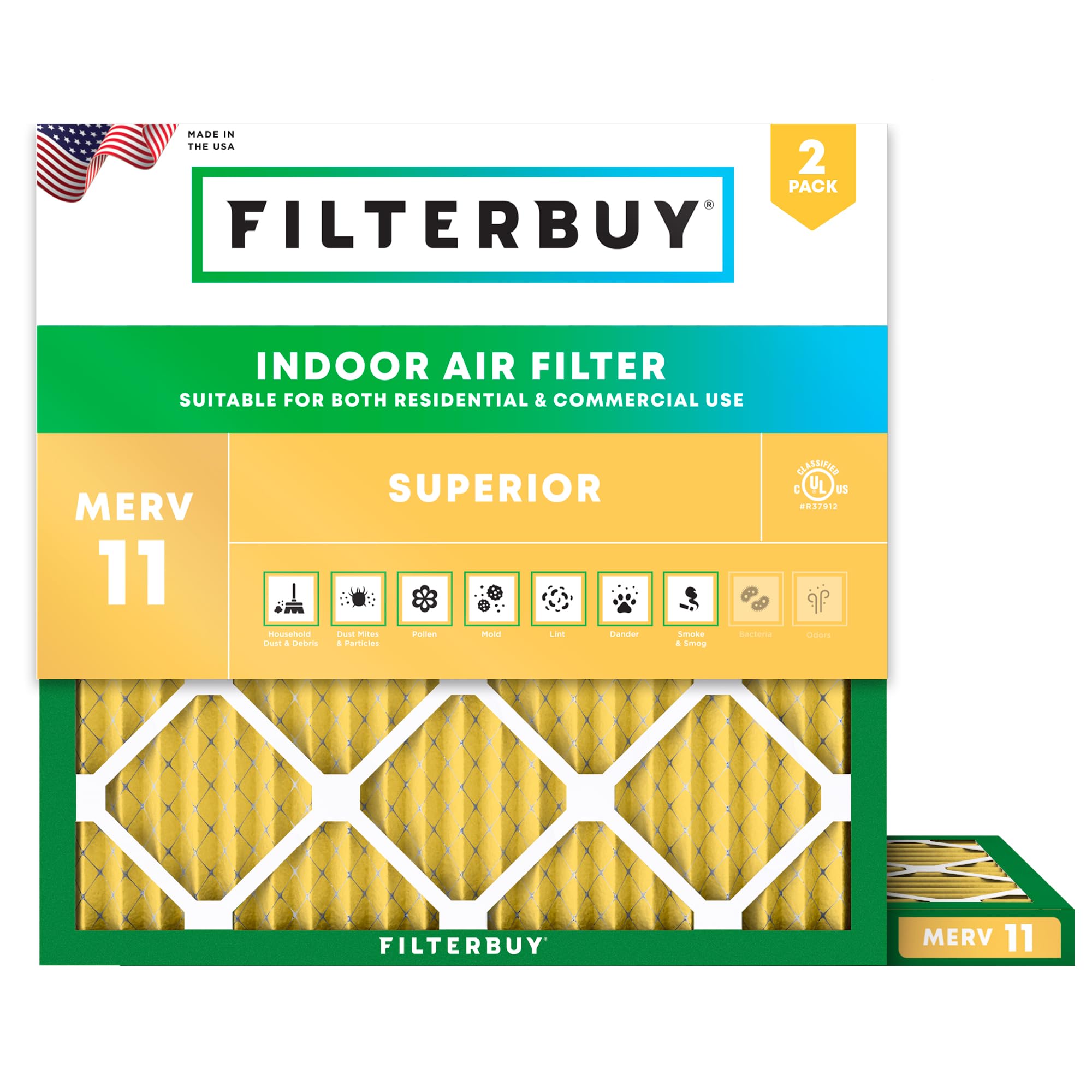 Filterbuy 11,25 x 11,25 x 1 filtro dell'aria MERV 11 Allergen Defense (confezione da 2), ricambio per filtri aria condizionata a pieghe HVAC (dimensioni effettive: 11,25 x 11,25 x 1,25 x 1,00 pollici)