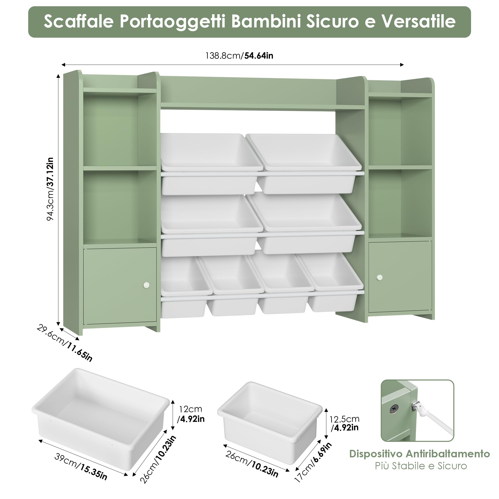 FOREHILL Scaffale per Giocattoli con 8 Contenitori Rimovibili in Plastica,Organizzatore Libreria per Bambini con Mensola Aperti, per Camera dei Giochi, 138.8 x94.3x29.6cm (Verde)