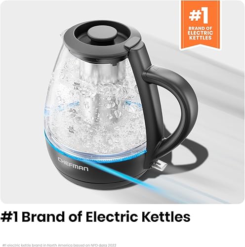 Miniatura 4 de Chefman Hervidor eléctrico con infusor de té, 1 litro, 1500 W, tapa extraíble para una fácil limpieza, protección contra hervido y seco, filtro de