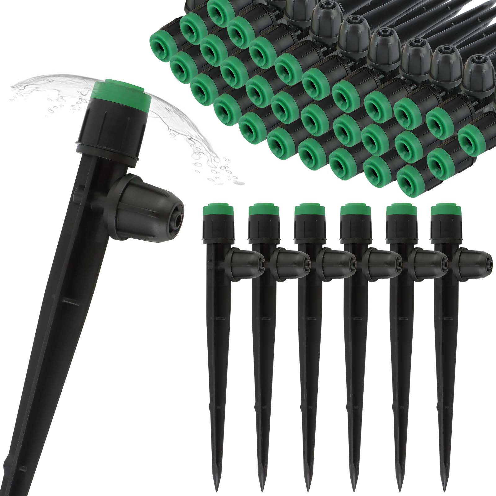 TOROKOM 1/4” Drip Irrigation Drippers with Lock, 50PCS Drip Irrigation Emitters for 4/7mm Tube, Adjustable 360 Degree Vortex Water Flow Sprayer Micro Spray Drip System Parts for Lawn Yard Pot (Green)
