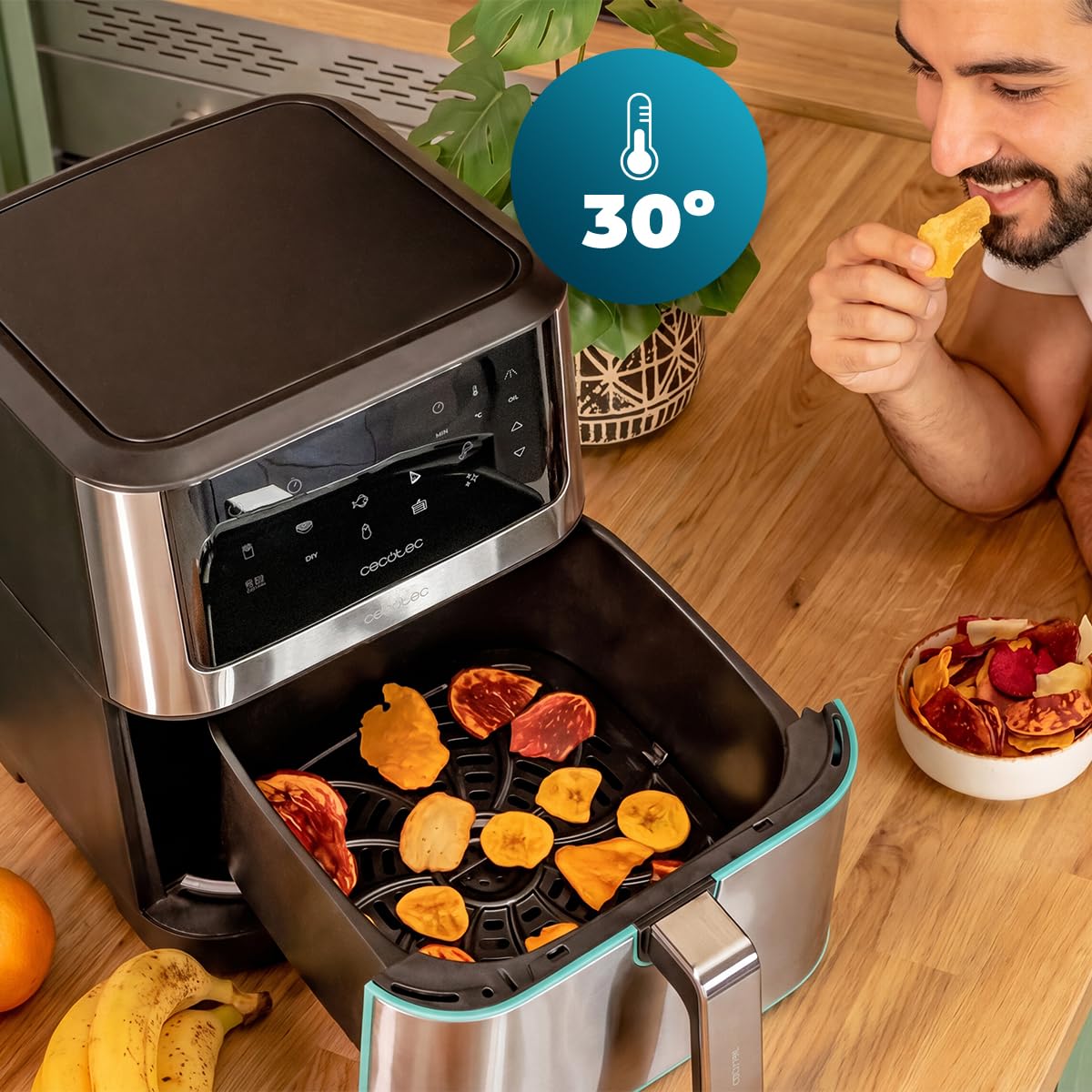 Cecotec Frytkownica na gorące powietrze Cecofry Supreme 8000 Hot. pojemność 8 l, 1800 W, konstrukcja ze stali nierdzewnej, sterowanie dotykowe, 10 programów, 30-200 stopni, funkcja Pre-Heat i