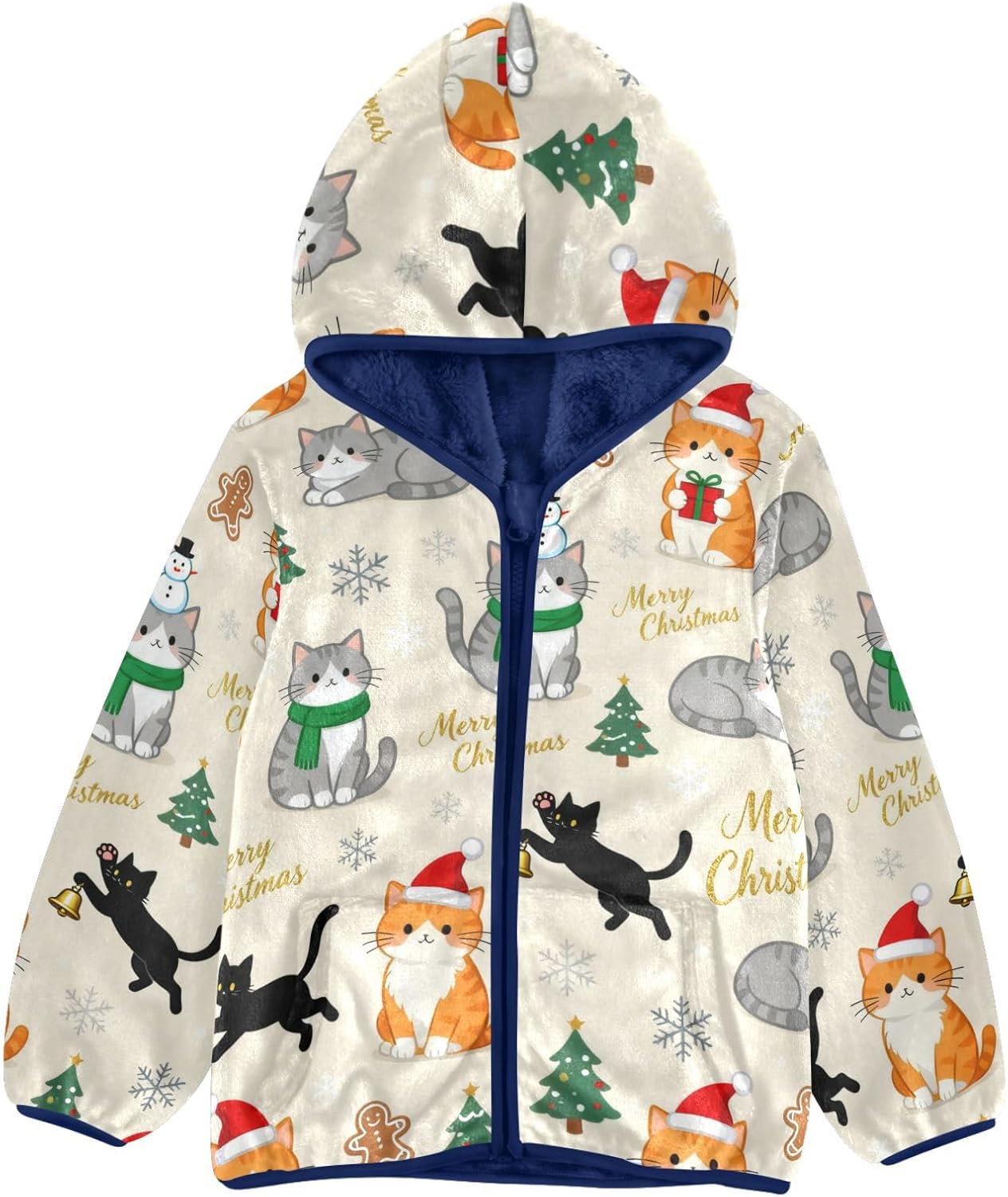 Merry Christmas Cute Brown Cat Toddler Winter Jackets Children Plush Outerwear Navy Blue Fall Baby Boy Clothes